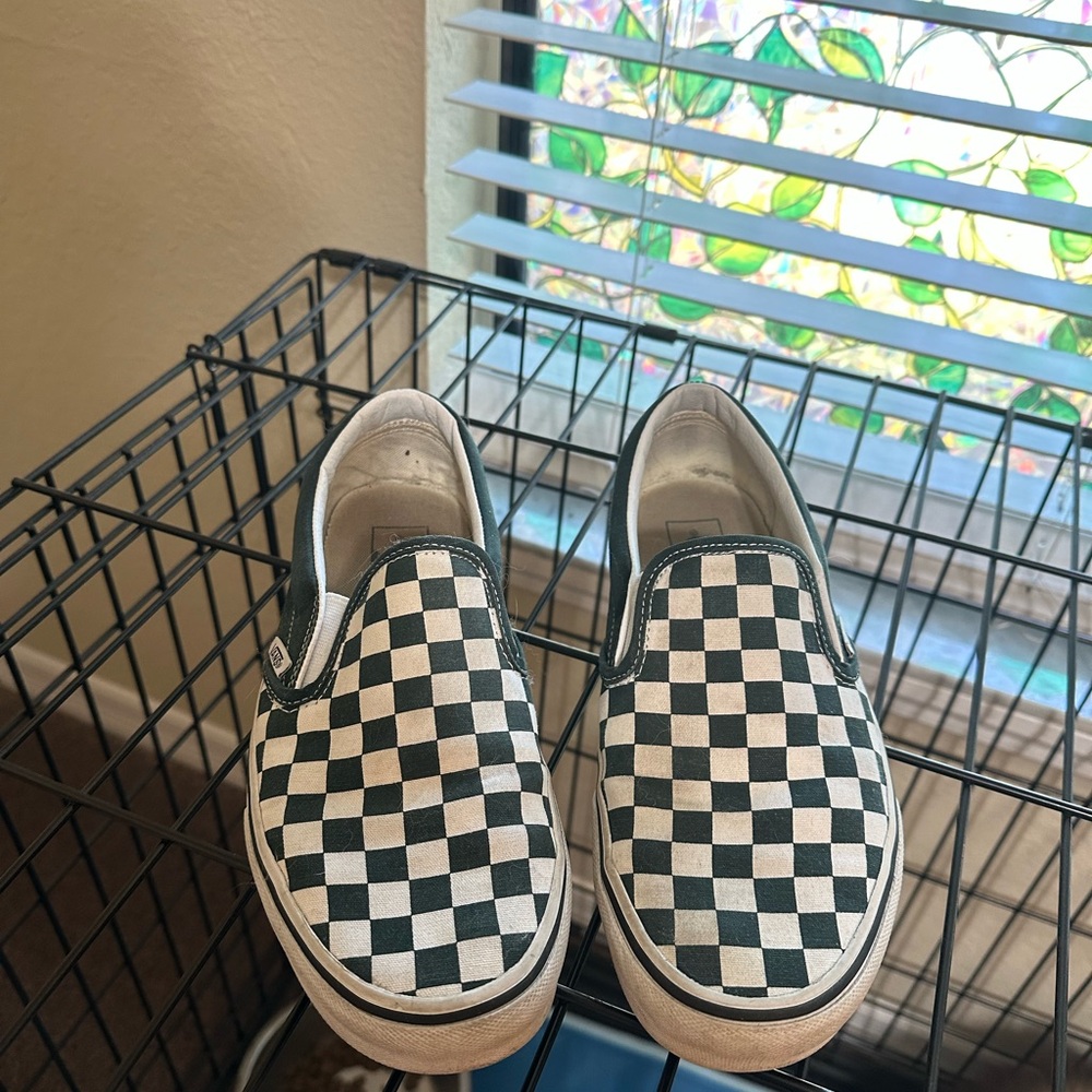 Vans Dark Green and White Checkered Slip-On Sneakers